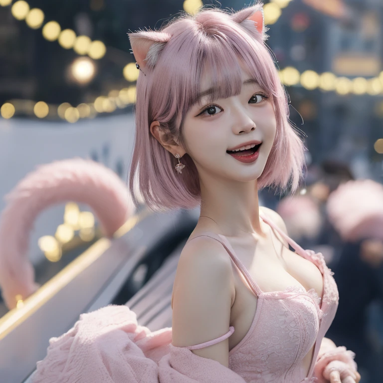 low angles、taken from the under、overall、On the street at night、mid night、Under the moonlight、The tattoo、fullnude、Pink short cut hair、fullnude(8K, top-quality, ​masterpiece:1.2), (realisitic, Photorealsitic:1.37)、cute little、独奏、(A smile:1.15)、(Mouth closed)、tiny chest、（short-hair：1.2）、masuter piece、Pink Shortcut Bob、Realistic rabbit ears、Pink realistic rabbit ears、Realistic ears of rabbits sticking out of the head、Pink hair、Beautiful girl in her 20s、Bewitching atmosphere、Beautiful shaped hands、K-POP、Pink rabbit ears、1 girl in、独奏、​masterpiece、top-quality、realisitic、Hyper-detailing、absurderes、short pink hair、Slender beauties、动态照明、hight resolution、foco nítido、depth of fields、(thick thight:1.0)、A slender :1.2，((Short-cut bob hair))、((k pop:1.3))，Highly detailed facial and skin texture、((魅惑的))，Anatomically correct number of fingers，Correct anatomy