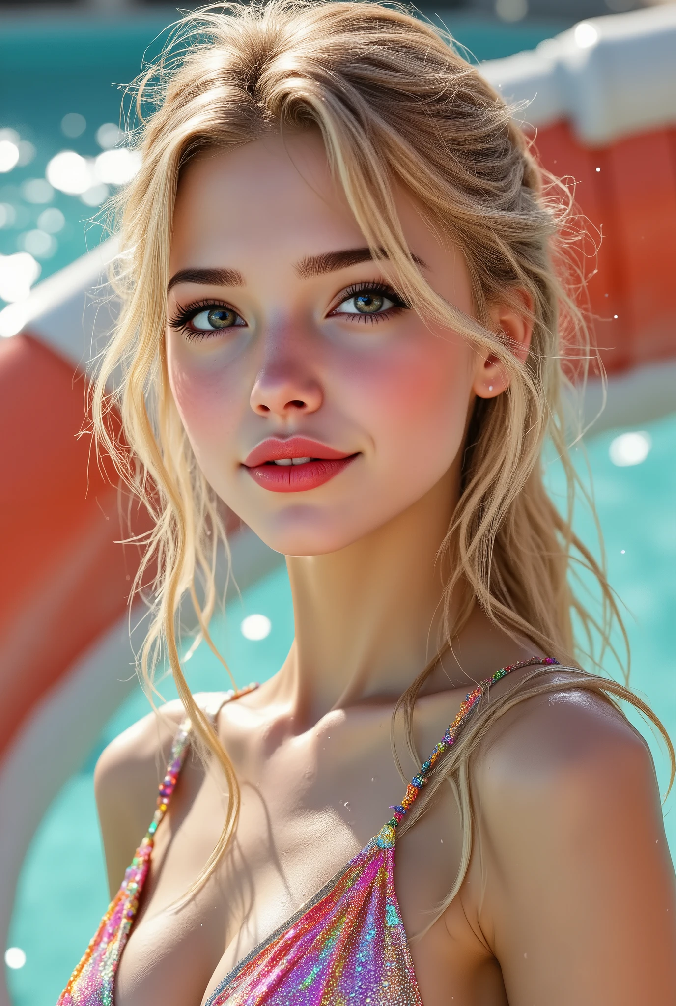  [Style: "masterpiece, realistic, (photorealistic Realism), ultra-detailed, UHD, Hyper high resolution" - "(Hyper quality, intricate ultra-detailed digital art)"] (Key Directive: - ("The priority is the anatomical accuracy and texture of the materials" - "Ultra-sharp human eyes with biological accuracy") {Character: "20-year-old white female" | Face: "symmetrical, pale skin, full lips, red lipstick: 1.15" | Eyes: "brown irises (hyper-detailed pupils:1.2), blue false lashes:1.28" (a cute and very beautiful, girl), (ultra realistic texture details: velvety skin, hair),((sharp focus, no blurry eyes, high resolution, absurd quality, Realistic brown_eyes:1.3),intricately detail:1.3),((extremely fine details eyes))(extra narrow eyebrows),(extremely fine details pupils),((focus on the face, open mouth, joyful expression)),((perfect dark_eyeshadows:1.4)),(apply glossy red_lipstick:1.3),(perfect proportions:1.2),(anatomically correct), perfect female body, full bodyesbian, ((Beautiful long legs in good style:1.35)), ((no bra, no panties:1.3)), (medium butt), (Beautiful bikini, made of ribbon), ((Micro Slingshot Swimsuit: 1.3)), ((Wear Micro Sling Made of ((ultra Narrow,, Sparkly neon)), Tight, PVC Ribbon: 1.4)), (Golden Hair,Long Hair,two side up,Crossed bangs,between hair), (girl, on all fours on the AquaLoop water slide), (Big AquaLoop water slide), (Sunny fun on the AquaLoop water slide), wet scene, due to water splashes, ((dynamic pose, beautiful and detailed water-soaked hair, clothes)), ((water droplets on the body, water flowing from the hair onto the body:1.2)), dslr, high quality split lighting, sharp focus captured by Fujifilm XT3, f 5.6,(perfect composition),((look at the viewer)),(Rendering engine: "Unreal Engine 5 path tracing, 16K texture maps") }