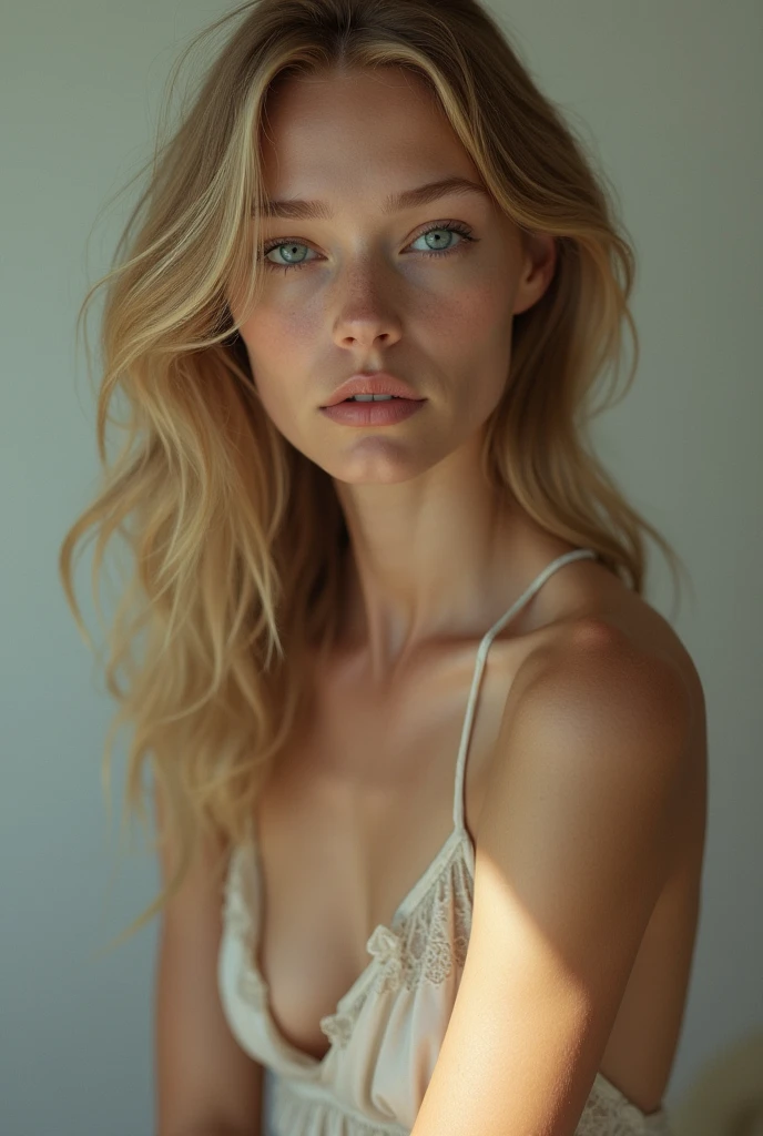 a young and pretty girl, blonde, with bare chest