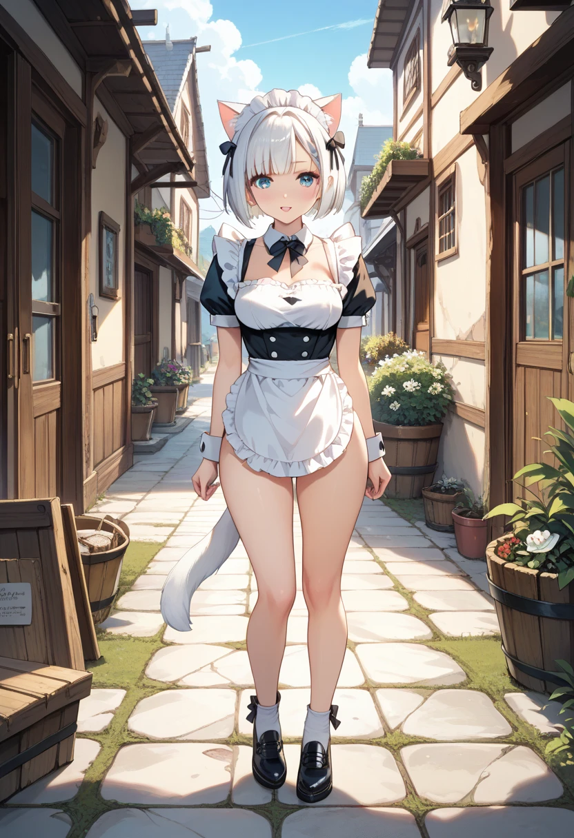 (8k, Realistic, RAW Photos, Highest quality, (from below:2), View your viewers: 1.3), (Fox Girl, Fox Ears, Silver Hair, One Girl, Long Hair, (Alone on the screen, dark skin), High definition:1.6), (Black clothes, White blouse, Victorian Long Dress:1.8), (Body measurements are 99-55-77!, Nice body, Big Breasts, slender, muscle, ((skirt hold, show off dark panties), Stand with your legs apart, I can see the valley, Standing posture):1.9),(美しいface, Delicate drawing, It is written down in detail), Avatar, face, 色っぽいface, Dominant representation, naughty face, Uplifting, Skin Texture, outside, ruins, Ruined City, Broken Building, There are no people