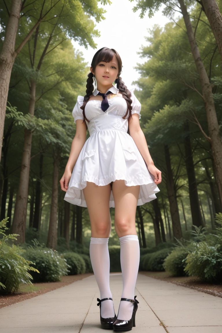 1girl in、The whole picture(Portrait of 40 year old woman squatting and demonstrating panties)、(European national costume、intimacy、detaileds:1.3)、(Childish white panties:1.3)、(White ruffled socks)、(skirt by the)、(extra detailed face:1.4)、(8K、nffsw、Digital SLR、hightquality、电影灯光、bokeh dof)、(Dramatic and award-winning photos、Incredible masterpiece:1.3)、Smiling a little、(the woods)、(underlighting)