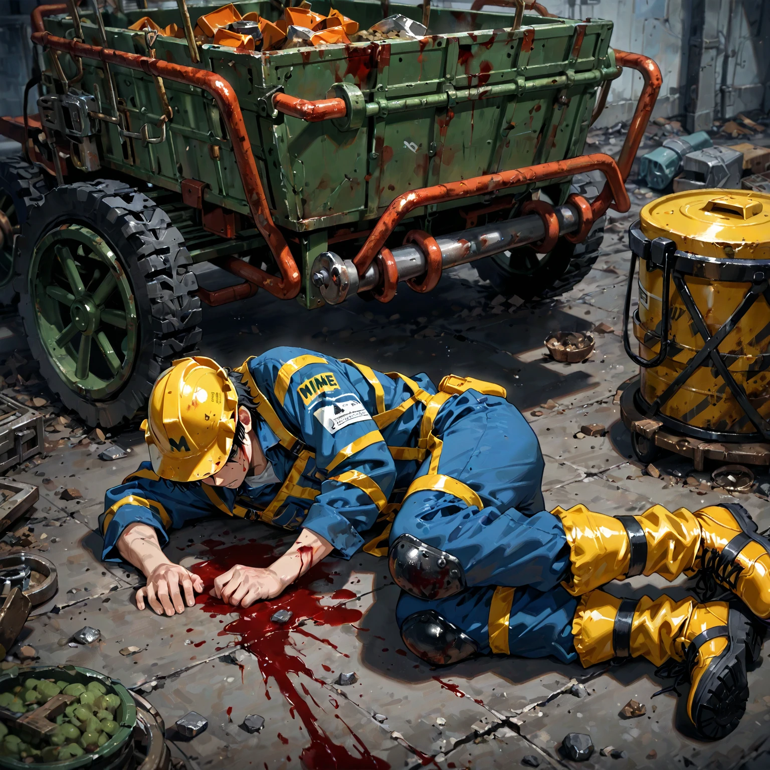 4k, realistic, carismatic, girl on street, she is a paramedic, baggy pants, white hair, cute hair, 25 years old, full body, wearing boots, wearing a stethoscope on neck, (blue medical gloves:2), red emergency backpack, anime, solo, kneeling down, medical emergency, orange uniform, sweating, blood splattered, (blood on gloves:1.5), clean, simple
