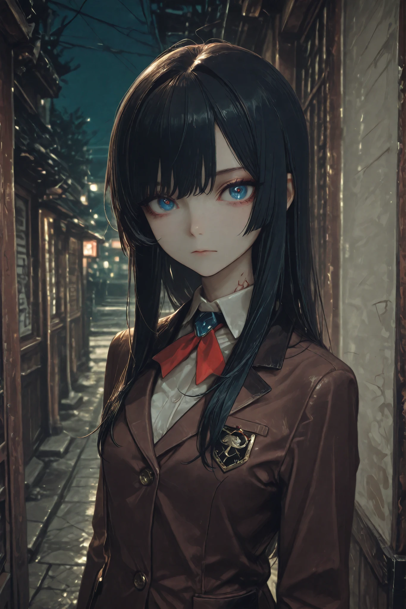 night dim Women in their early s a little young short slender long hair black hair and pull your bangs to the right Move your bangs to the right blue eyes The Standing Position of a Sharp-eyed expressionless brown blazer
uniform textured skin Ultra Fine profile downtown