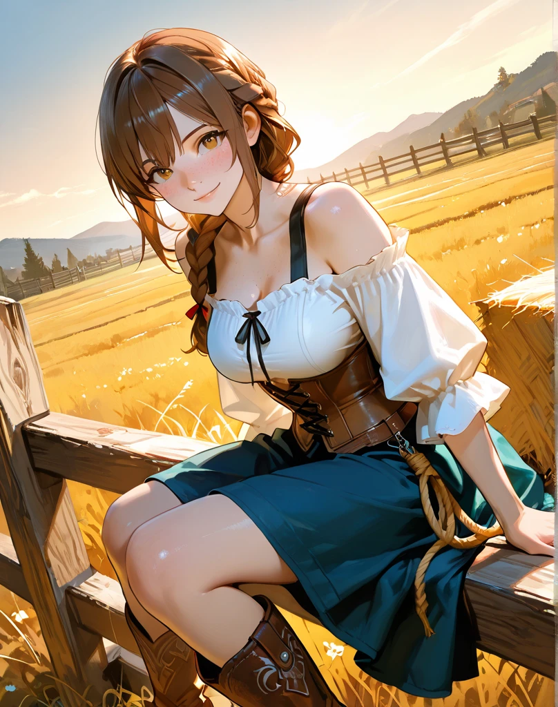 1girl, full body, solo, summer, village, trees, sun, clouds, ((brown hair)), ponytail, large breasts, ((brown vest)), button down shirt, ((white shirt)), ((short sleeved shirt)), ((unbuttoned shirt)), unbuttoning buttons, cleavage 1:3, brown eyes, skirt, smile, looking at the viewer, standing, hair ribbon, golden necklate, shoulder bag