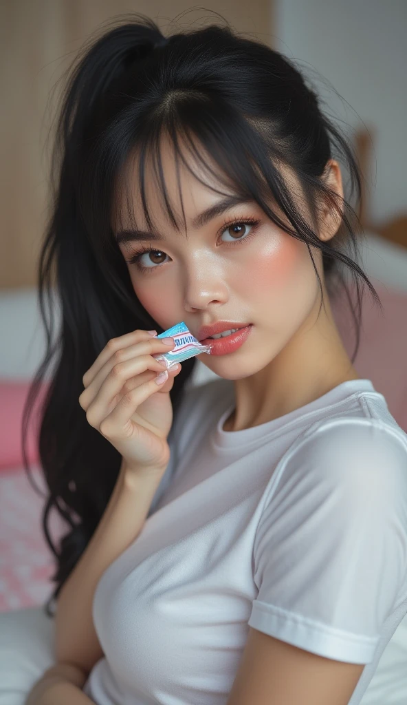 A cute young woman, indoors, holding her black ponytail with one hand, while biting a  wrapper with her lips. The  wrapper has "" printed on it in blue text. She has a fair complexion, natural makeup, soft blush, and glossy pink lips. She wears a  t-shirt, and her pose emphasizes a playful, innocent expression. The background shows a minimal modern bedroom with a bed covered in white and pink sheets. Soft diffused lighting, high-resolution DSLR style, smooth skin texture, realistic shadowing, focus on her expressive eyes and cheek details, photorealistic, 50mm lens depth of field.