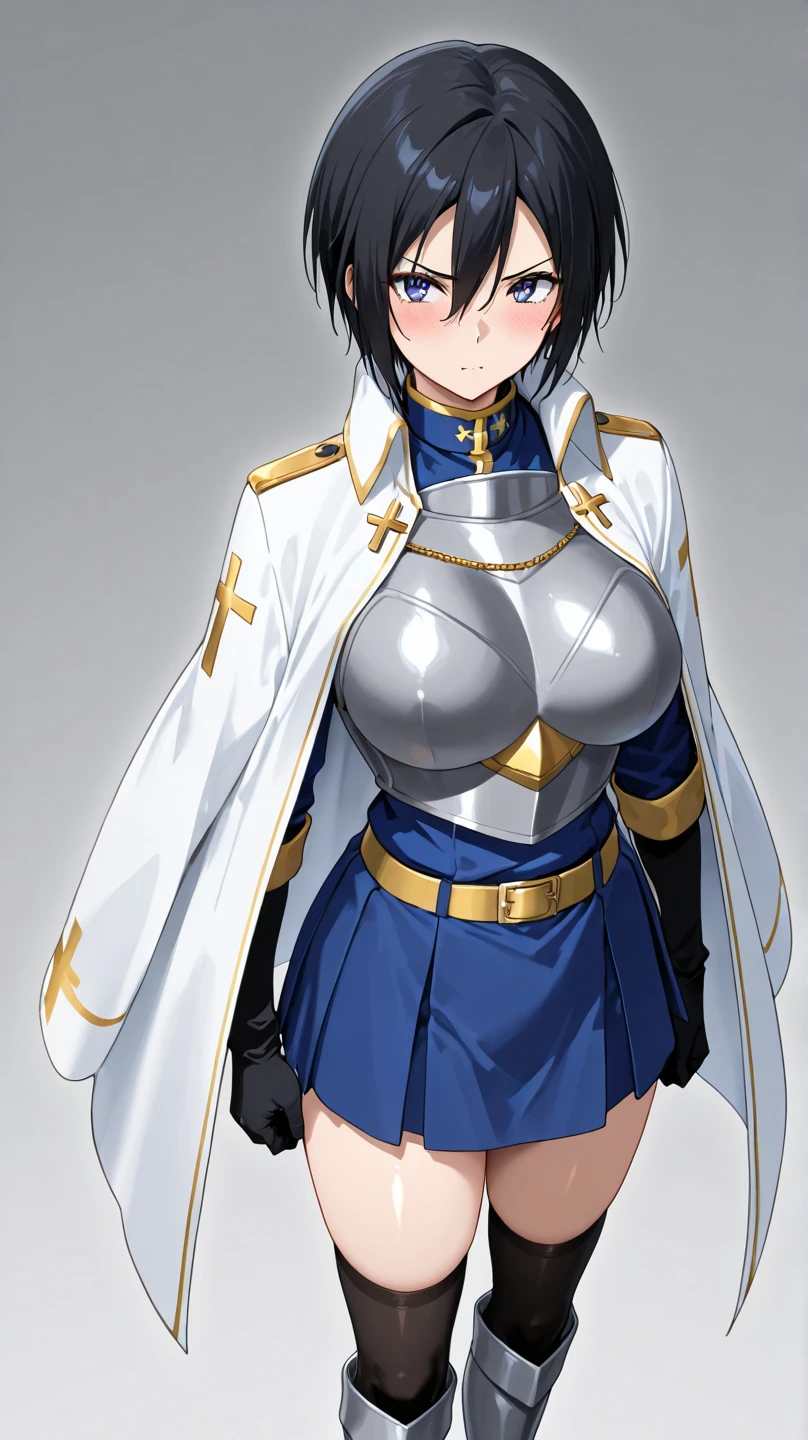 girl child, short black hair, small body, white knight armor, showing cleavage, big tits, bare tummy, thick thighs, skirt, cum on tits, shocked face