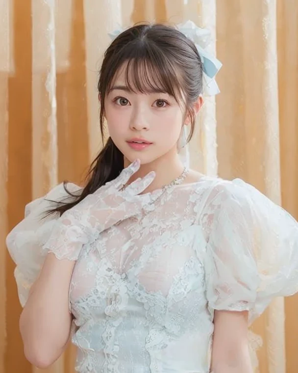 white wedding dress、(White Princess Line Wedding Dresser Tiara、white choker、white lace gloves、white pantyhose:1.2)，(white skirt、Beautiful embroidery、White lace garter belt:1.2)，Beautiful Necklace, Hotel、perfect proportions、cute、((18 year old female:1.2))、young adorable japanese face，official art，Highly detailed CG Unity 8K wallpaper，（masterpiece:1.0),(highest quality:1.0), 超A high resolution,4k,Super detailed, photo shoot, 8K, nffsw, High resolution, kodak portrait 400, film grain, lens flare glow,高いest quality,8K,nffsw:1.2),portrait shot,8K、View viewer