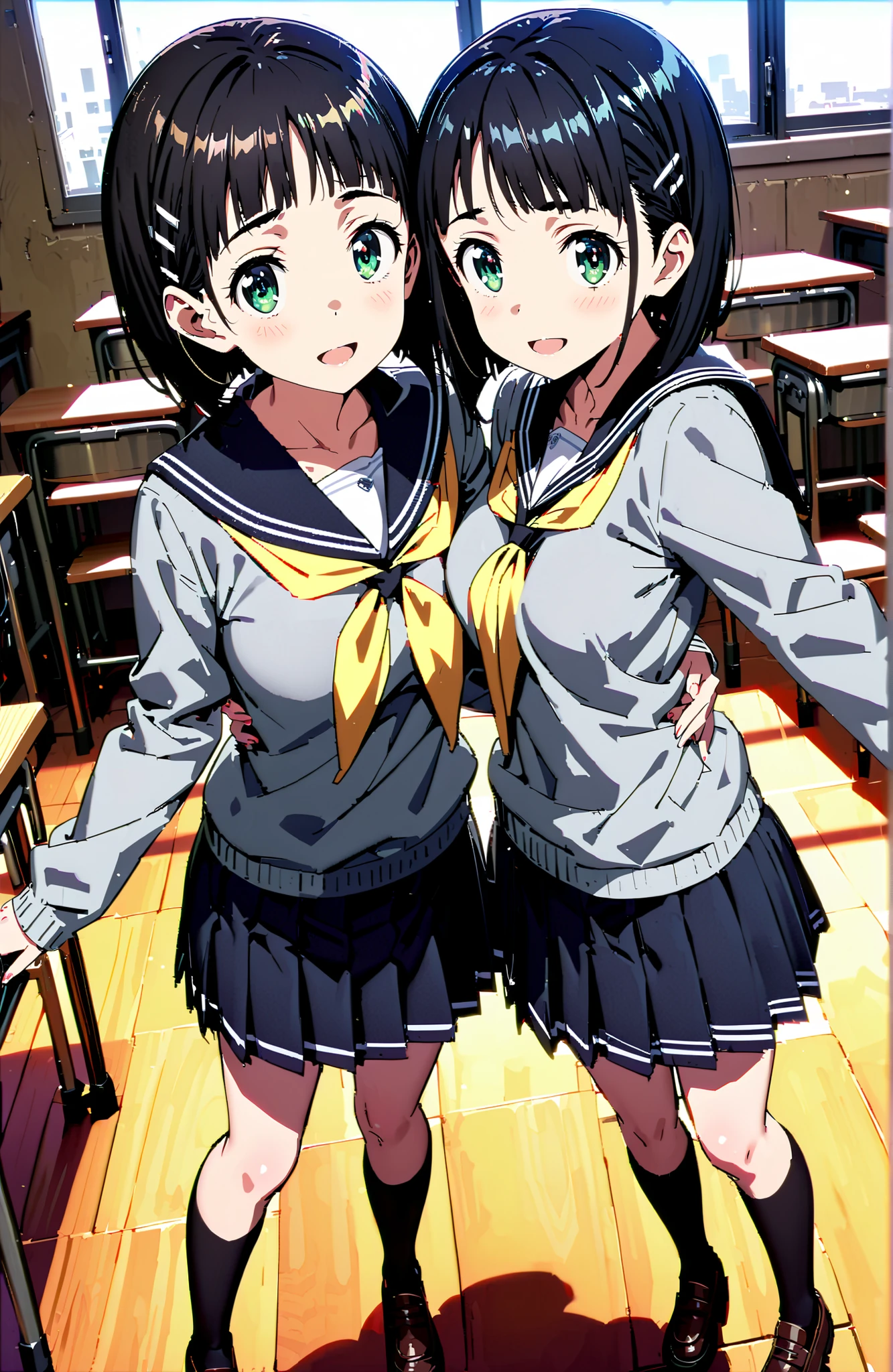 Kirigaya Naoha , short hair, black hair, hair ornament, hair clip, green eyes,smile,blush,and open the mouth,
school uniform, skirt for ears, pleated skirt for ears, sailor collar, black skirt for ears, Sailor Suit, long sleeve, neckerchief, (gray sweater, sweater:1.2), black sailor collar, yellow neckerchief, black high socks,Holding a bouquet in both arms,standing,break looking at viewer,full body,
break indoors,Classroom,
break (masterpiece:1.2), best quality, high resolution, Unity 8Kの壁紙, ( illustration :0.8), (beautiful detailed eyes:1.6), very detailed faces, perfect lighting, very detailed CG, (perfect hand in h, 完璧な解剖学),
