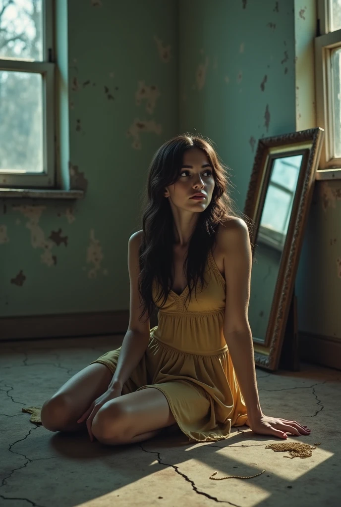 girl in her 20s sitting on wooden chair, wearing summer dress, 1980s vibe, vintage vibe, wearing high heels, front view, faded photo, vintage house, cool lighting