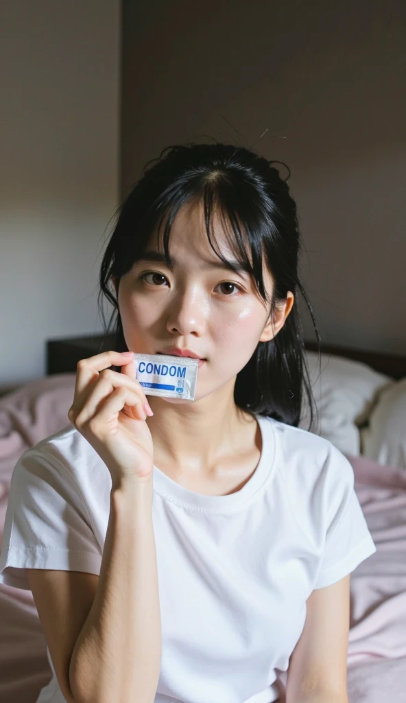 A cute young woman, indoors, holding her black ponytail with one hand, while biting a  wrapper with her lips. The  wrapper has "" printed on it in blue text. She has a fair complexion, natural makeup, soft blush, and glossy pink lips. She wears a  t-shirt, and her pose emphasizes a playful, innocent expression. The background shows a minimal modern bedroom with a bed covered in white and pink sheets. Soft diffused lighting, high-resolution DSLR style, smooth skin texture, realistic shadowing, focus on her expressive eyes and cheek details, photorealistic, 50mm lens depth of field.