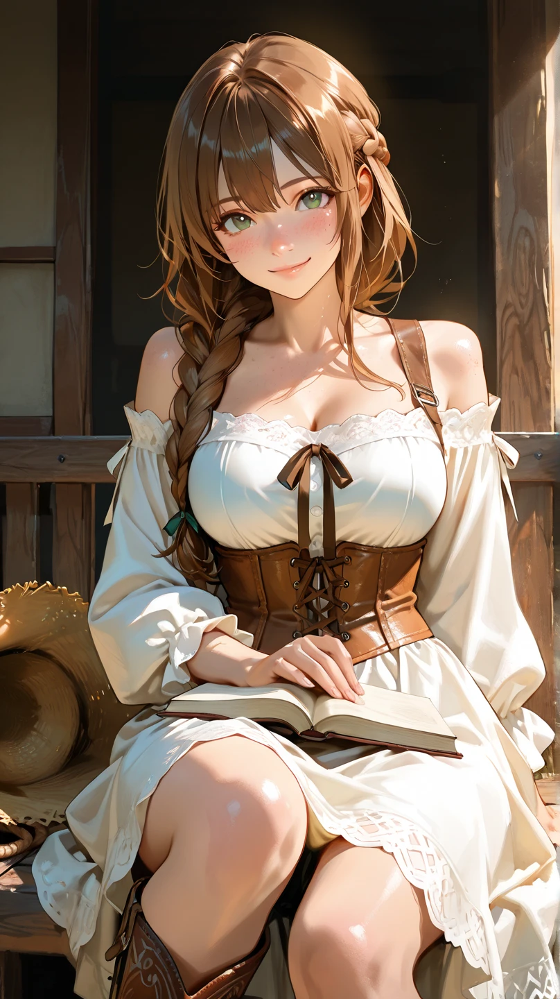 masterpiece, best quality, 1 solo girl, light brown hair, green eyes, long hair, medium breasts, sexy body and face, wavy hair, smile, early 1800s modest dress with silk or cotton, bonnets, corsets with aristocrat status, shawls, white gloves, high necklines, long sleeves, and a fitted bodice with a full skirt, under tied the chin, with ribbons, pendant, bracelet, jewelry, earrings, feather hair ornament, book, lying at the bed, night, sexy pose, cowboy shots, detailed body, face, and eyes, sharp focus, vibrant, creative, dynamic, high definition, high resolution, 8k, (Upscale: R-ESRGAN 4x+ Anime6mage enchance:4x), voluptuous body, cinema lightning, dakimakura style, looking at the viewer,