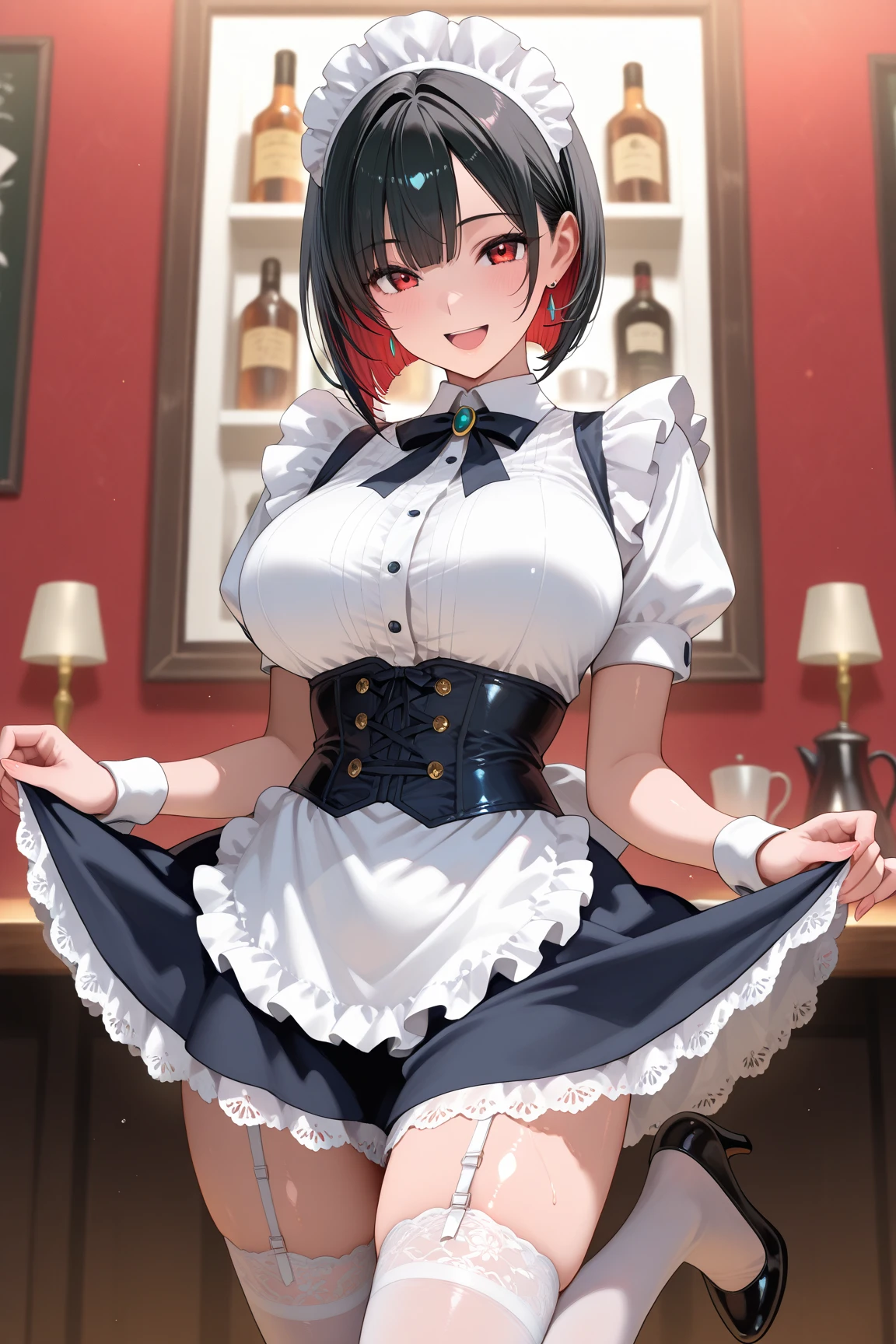 (dynamic angle:1.3, front view:1.1, breast focus:1.3, from below:1.2), (dynamic posing:1.5, sexy posing:1.2, leaning forward), (seductive smiling:1.3), ((looking at viewer, holding a cake)),highest quality、(real、photorealistic:1.4),(ultra high resolution, 8K RAW photo, clear focus), best qualtiy, natural lighting, field depth, (Bright pupils, detailed beautiful eyes, high detailed face), Red lip, (tight focus:1.2, from below), sexy posing, a girl 22yo old, teacher, wearing a , bootyshorts, Thicc, thin breast, long hair, blue eyes,off-shoulder dress, sweater dress, off-shoulder sweater, red sweater,garter stocking, cleavage:1.1, midriff, black shorts, black thighhighs, thigh strap, pretty girl, (highly detailed beautiful face and eyes,firm breasts),real skin,((black,hair,long pony tail hair)),thin pubic hair,cute,lovely, detailed eyes, This masterpiece is only visually stunning but also tells,(double breasted:1.2,under bust:1.2),(with sparkling eyes and a contagious smile),open mouth, Looking at Viewer,