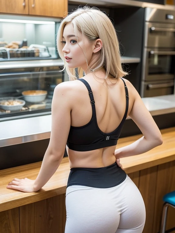 1girl, Masterpiece, Best Quality, (photorealistic:1.4), a photo of a beautiful woman, slim, light blonde hair, coffee shop, detailed face, crop top, from behind, back, standing, yoga pants, 