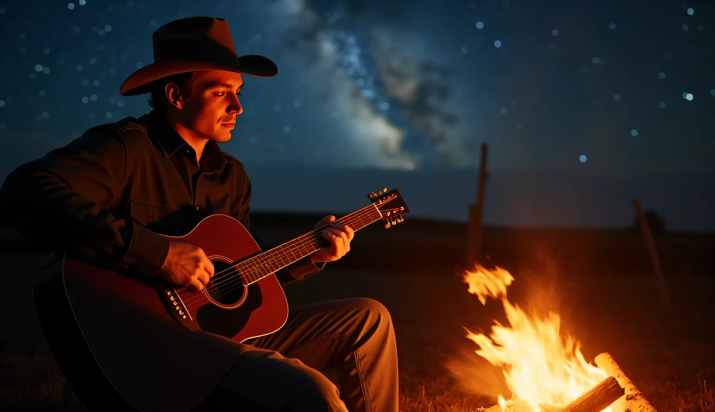 Prompt 07: “James by the Campfire – The Whisper of the Spirit”
Ultra-realistic 8K cinematic scene. Close-up of Cowboy James sitting on a log beside a glowing campfire under the vast open sky. The flames flicker warmly against his face, casting soft orange shadows on his rugged features, highlighting every crease that sorrow once carved. His cowboy hat sits slightly back on his head, revealing eyes that reflect flickers of light—and something deeper: a growing peace. His guitar rests across his lap, one hand gently strumming a slow, thoughtful tune that feels more like a conversation with heaven than a song.
James is alone, yet not lonely. Behind him, the silhouette of the farmhouse and cattle fences dissolve into darkness, while above, the stars blanket the heavens in divine silence. The Milky Way arches across the sky, and a breeze stirs the flames gently as if the wind itself were listening. His head turns slightly toward the sky—not in desperation, but in connection—his heart now speaking with the God who answered his cries.
The warmth of the fire, the stillness of the night, and the peaceful look softening James’s face create a scene of sacred intimacy. His voice, though not heard, is felt in the strum of the guitar and the posture of a man reborn in quiet moments. His joy is not loud—it is deep, steady, and real. The atmosphere around him feels blessed, as if angels might be lingering in the wind.