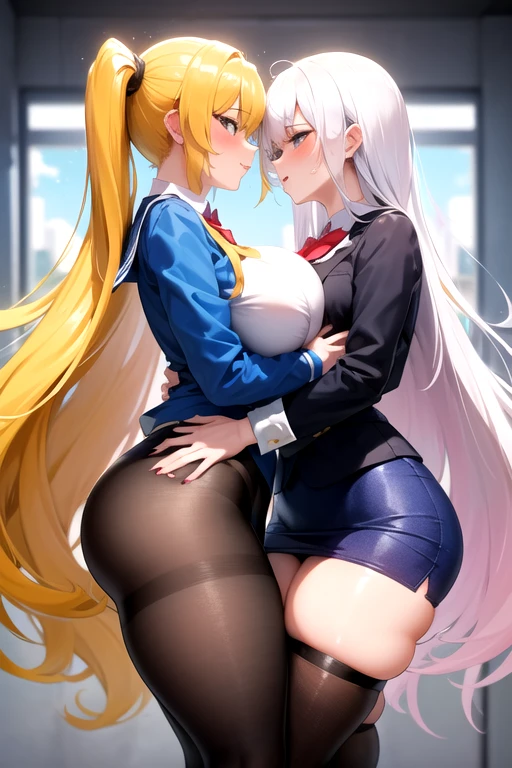 Lesbian (very long loose yellow hair)(big breasts, big thighs)(with school uniform clothes it is very tight) that he is kissing at school with his girlfriend,(big breasts, big thighs)lesbian love