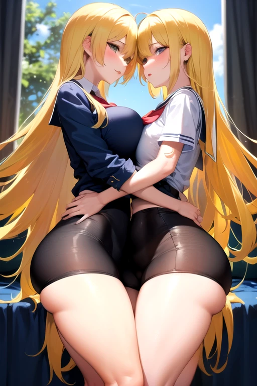 highest quality,wonderful,finely,extremely detailed CG Unity 8K wallpaper,(3 girls), (Sailor suit), (Light blue striped underwear),(beautiful ass:1.3),(black stockings:1.1),(Thighs:1.2),(close-up shot of hip:1.3),(from above:1.2)