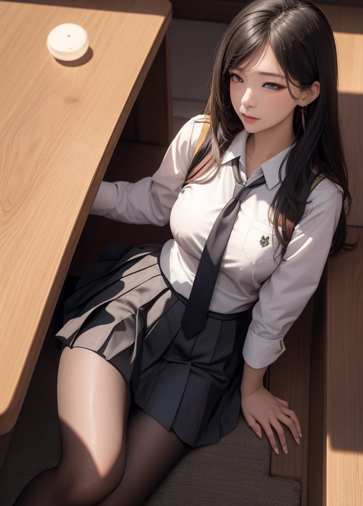 ((Medium-breasted, Small Head)), (Perfect Body: 1.1), (Young), (Short Wavy Hair: 1.2), (((School Uniform)), (Highly Detailed CG 8k Wallpaper), (Very Delicate and Beautiful), (Masterpiece), (Best Quality: 1.0), (Ultra High Definition: 1.0), Beautiful Lighting, Realistic Shadows, [Hi-Res], (((Realistic Skin))), Ultra Detail, A Little Thicker Thigh, ( Beautiful Long Hair), Beautiful Big,(Blush)Photonic, Realistic Face, Realistic Eyes, (Small Eyes), (Eyeliner), (Mascara), Sexy, (Sexy Woman), (Adult Woman), (Dark Brown Hair), Pictures of 20 Year Old Women, (White Lace Panties), (Sitting with Legs Spread On Wooden Chairs in Classroom), (School Uniform), Blurred Background,(Black Knee High Socks), (white shirt), loafers, black socks, (black tie), (black pleated skirt), bangs, brown footwear, (shiny big), school background, (clear brown eyes),sitting, panty shot, legs spread wide, (shiny all over the body) (glossy on the body), (legs spread wide)),hands behind the back, glossy on the legs, shiny on the legs, sweat, (glossy on the legs), absolute area, knee raised, open knees,