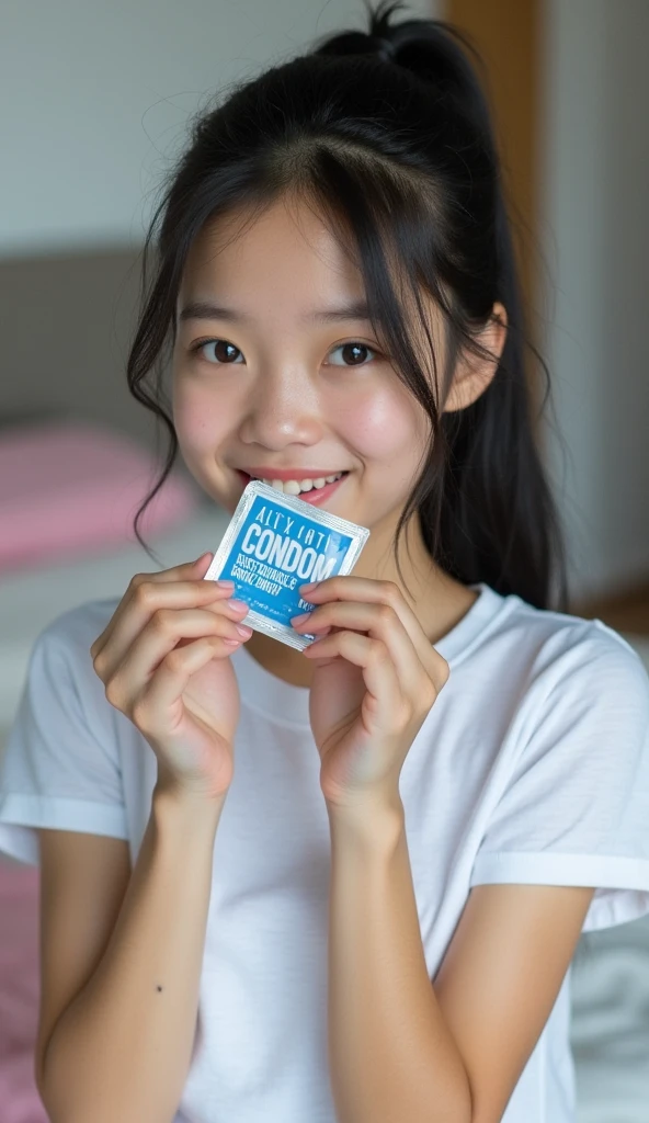 A cute young woman, indoors, holding her black ponytail with one hand, while biting a  wrapper with her lips. The  wrapper has "" printed on it in blue text. She has a fair complexion, natural makeup, soft blush, and glossy pink lips. She wears a  t-shirt, and her pose emphasizes a playful, innocent expression. The background shows a minimal modern bedroom with a bed covered in white and pink sheets. Soft diffused lighting, high-resolution DSLR style, smooth skin texture, realistic shadowing, focus on her expressive eyes and cheek details, photorealistic, 50mm lens depth of field.