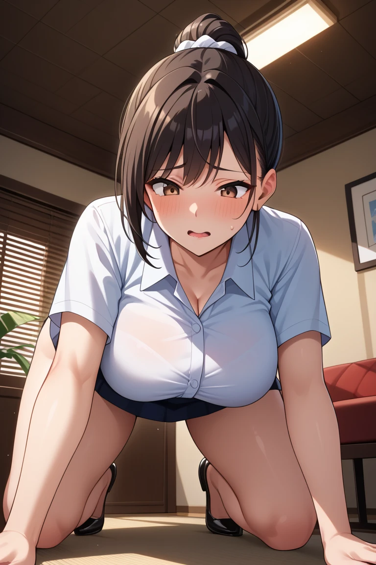High school girl, short black hair, sagging eyebrows, blushing, short height, , naked, wet , hotel