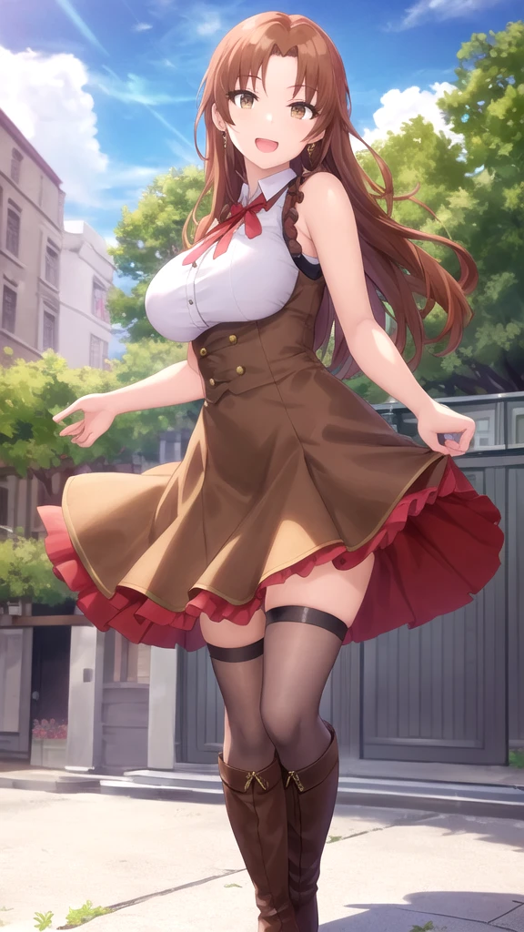Asuka Langley Soryu,Blue eyes,hair between eye,headware,Interface headset,Orange hair,Red Ribbon、bow ribbon、校服、skirt by the、Tokyo No. 3 Middle School Uniforms、,Show your pants、Lace black underwear with a very small area、Big breasts、((Smaller head))、1 female、Sexy pose with one knee standing、(Raw photography:1.2)、(Photorealsitic:1.4)、A smile、Textured skin、extremely detailed eye and face、beatiful detailed eyes、二重まぶた、huge filesize、(Increase the beauty of skin texture:1.1)、hight resolution、highlydetailed skin、top-quality、8k wallpaper、电影灯光、large boob,Seductive underwear、Open legs、Solo with her chest visible, (Curve:1.1), looking down to viewer, Smile on his face, ((From below:1.5)) Looks Back, ((Leaning forward)), seen from back, Long hair, lip stick, makeup, Ultra Detail Hair, ultra detail face, (Purple eyes:1.05), Perfect eyes, Perfect face, earrings, (Confused, blush:1.2), , (black thighhighs, Garter Belt:1.1), zettai ryouiki, , high-heels, (Large breasts:1.1), cleavage, Big ass, thighs thighs thighs thighs, Show panties, ((From the hem of the rolled up skirt to the ??????))