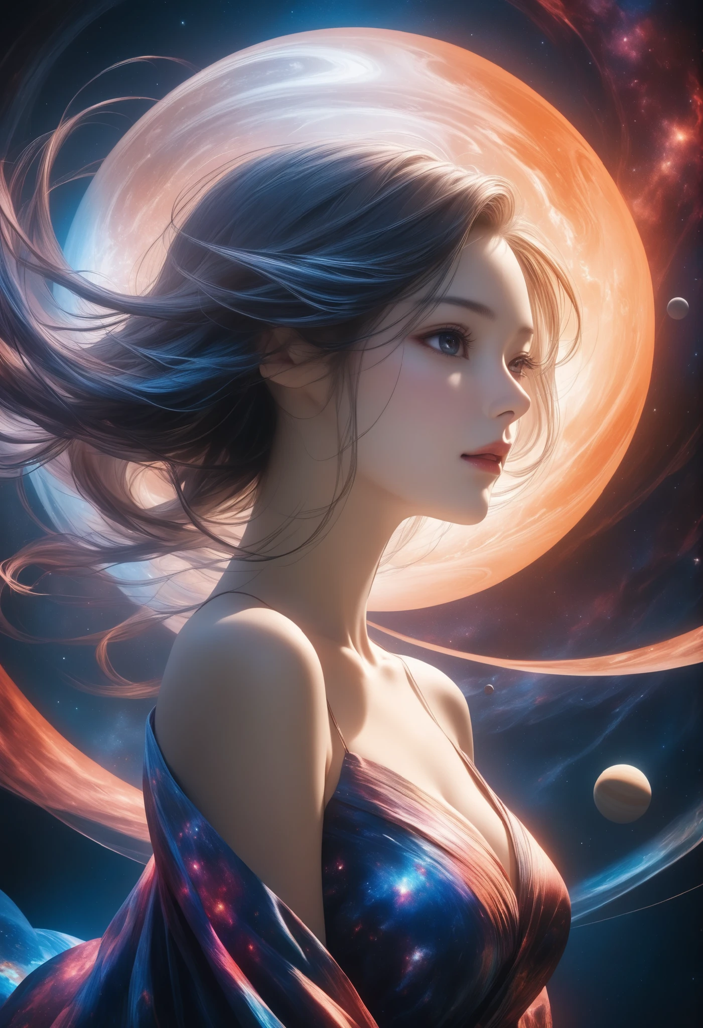 Naked Women,has a beautiful face,graceful posture,Wrapped in Cosmic Textures,Hi-Res,4K,realistic,fine art,HDR,Bokeh,deep color, Dark ,Mysterious,fascinating,realistic,Spatial presentation,Mysteriousな光,Planetary Reflection,Unknown Galaxy,Magical Aura,Delicate skin, Sensual Curves ,impressive composition,Professional Finish,Highly Detailed,digital painting,extreme realism, Surprisingly Clear ,Quality As Pictured,Glittering colors