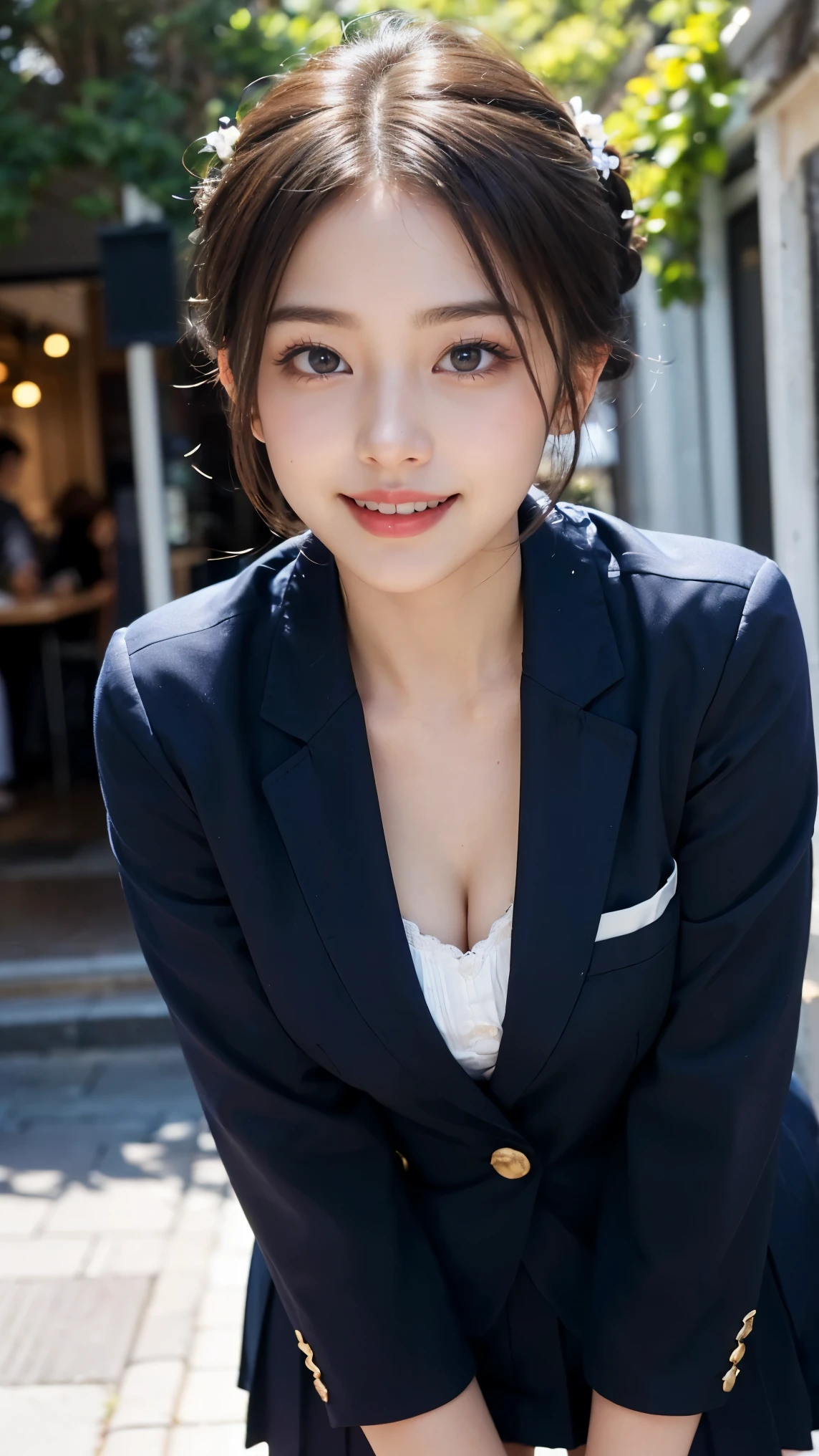 Best Quality, Very High Resolution, (Realistic:1.4), (Fine Duplicate:1.4), facial details, fine eyes, Gray Business Suit, Full Length, smile, Middle breasts, Middle backside, Short hair, 1girl, from above,