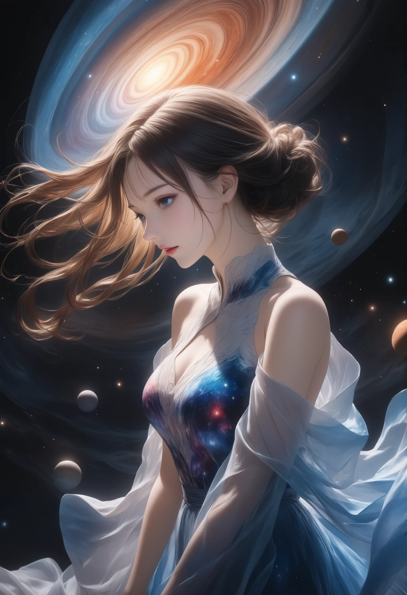 Naked Women,has a beautiful face,graceful posture,Wrapped in Cosmic Textures,Hi-Res,4K,realistic,fine art,HDR,Bokeh,deep color, Dark ,Mysterious,fascinating,realistic,Spatial presentation,Mysteriousな光,Planetary Reflection,Unknown Galaxy,Magical Aura,Delicate skin, Sensual Curves ,impressive composition,Professional Finish,Highly Detailed,digital painting,extreme realism, Surprisingly Clear ,Quality As Pictured,Glittering colors