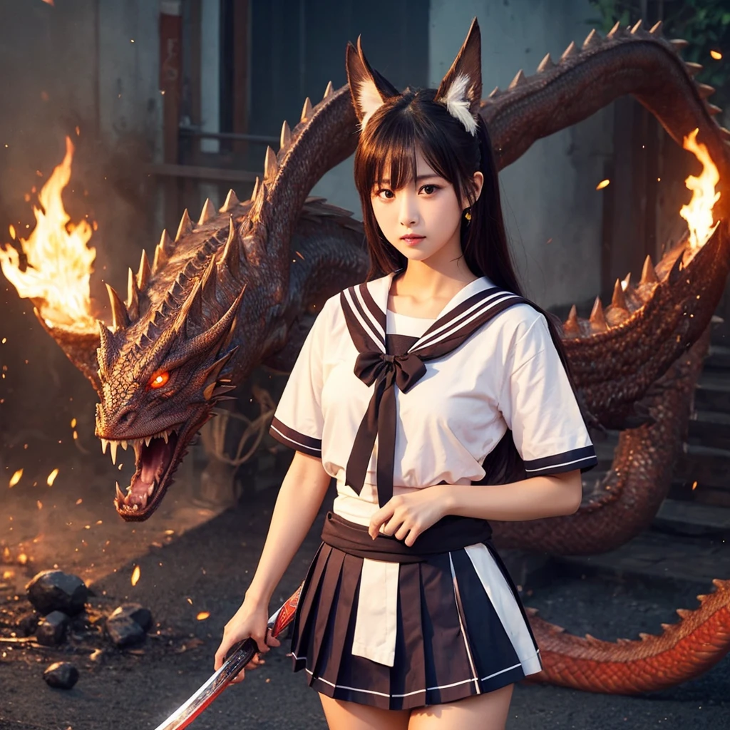 (upper body shot:1.2), award-winning portrait of an anthropomorphic humanoid NagaSerpentGod in (white shirt:1.2), (short black skirt:1.2), crest, medium breast, (photorealistic:1.1), (cinematic lighting:1.1), hyper-realistic texture, rise an arm hold rifle gun shooting bullet with red flare to sky