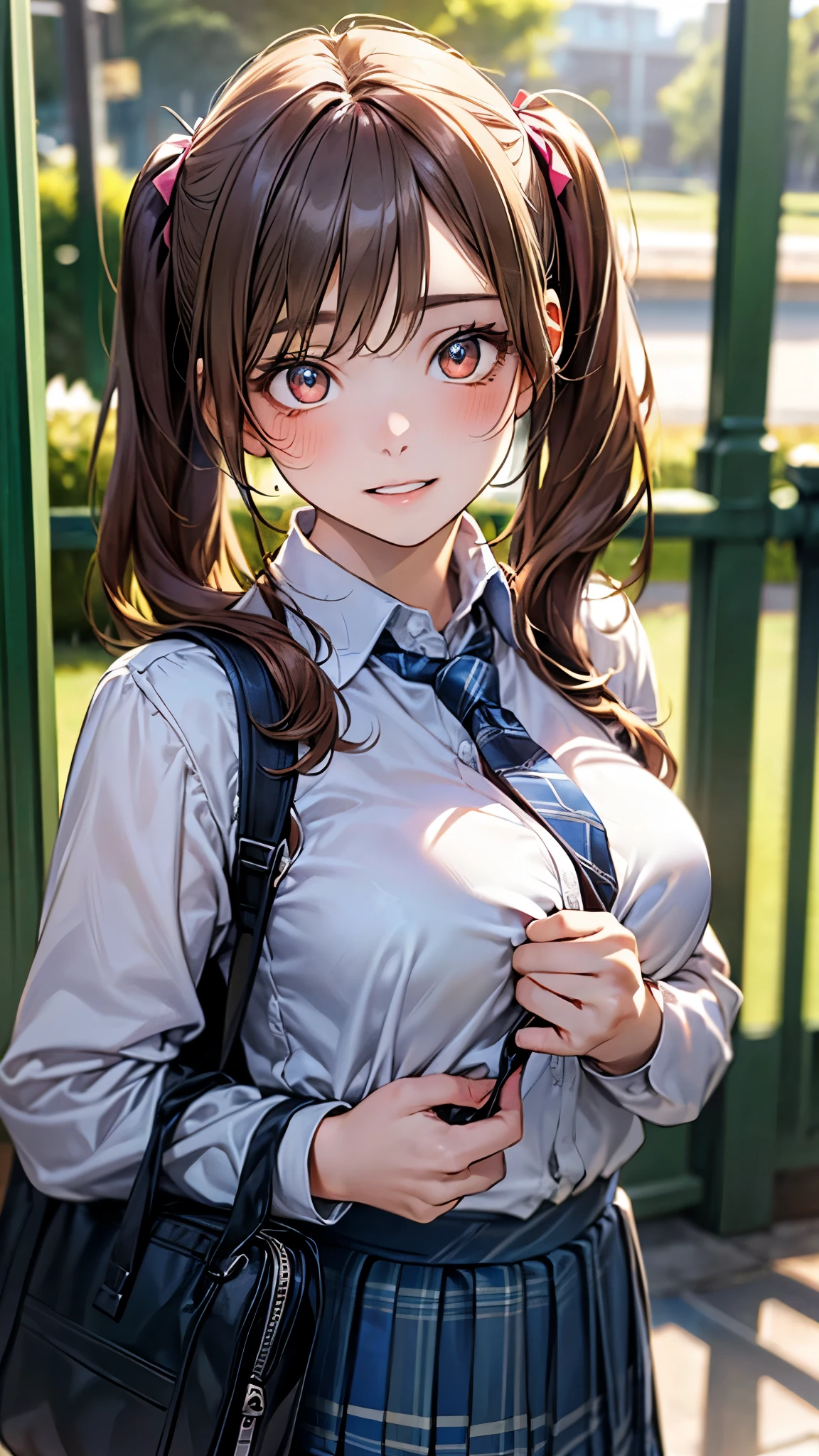 (masterpiece:1.2, highest quality), (realistic, photorealistic:1.4), beautiful illustrations,
looking at the viewer, whole body, Front view:0.6,
1 girl, Japanese, high School girl, ((medium hair:1.5, twin tails:1.3)), blown hair, bangs, hair between eyes, big breasts:0.8,
beautiful hair, ((plump contours)), beautiful and detailed eyes, beautiful clavicle, ((a little thick body:1.5)), beautiful breasts, beautiful thighs, beautiful feet, beautiful fingers,
(beautiful scenery), , School,
((Short sleeve shirt with collar, white shirt, , Grey plaid pleated skirt, Blue plaid bow tie, choker)), white panties,
(Are standing, , lift the skirt, Grab the hem of the skirt, put your hand on your chest, hand between legs),
blush, ,