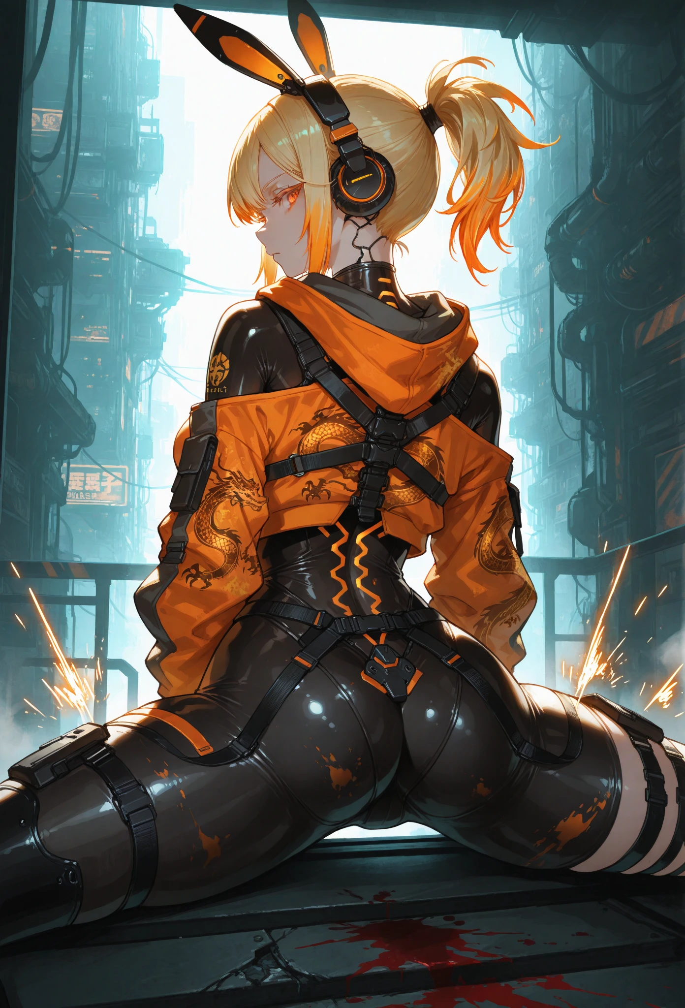 Create a woman who fills the whole picture. Extravagant anime pose. Use visual references and constantly check to ensure accuracy and symmetry in creating the image of the human body, create perfect hands and iris, without anomalies with extravagant poses, wall with various orange drawings(Masterpiece: 1.2), best quality, (illustration: 1.2), (ultra-detailed), eye focus, (masterfully crafted brightness, pink lens brightness), (cinematic background), hyper details, (detailed delicate), (intricate details), octane render, hdr, (hyperdetailed: 1.15), (color))), (soft light: 1.2), 1girl, (lynx ears: 1.3) , (lynx man), (cat tail: 1.5), beautiful girl, ultra detailed eyes, mature, fat, thick, rainbow paint drops, ink teardrops, girl made of paint, entirely paint, splat, splash, (outside), (bob cut: 1.5), (bright eyes: 1.2), ((makeup)), (cinematic masterpiece), fierce, powerful, absolutely attractive splashes of color, (cinematic lighthouse), (realistic lighting of jumps: 1.2), ((caustic)), exposed legs, dynamic angle, beautiful detailed brightness, ambient occlusion, ambient light, raytraced reflections, (better lighting, an extremely delicate and beautiful light), ((cinematic light)), (soft: 2), (capricious:2) , intricate background, vibrant, dreamlike landscape, (graffiti painting:1.3), (bright tail), (painted cityscape), (urban),(realistic urban fashion), (expressive:1.2), fitness, athletic, (mirrored world), (long flowing black hair:1.1), wavy hair, (orange hair highlights),, shiny headphones, beanie, (graphite wall), unfinished graffiti, ghetto,(looking at the wall:2),black hoodie, (back wall present),(holding spraycan:1.3), (colored mist), buckles, belts, straps, a girl in front of a graffiti wall, cyberpunk art, (by LAM), Mika Pikazo, graffiti, techwear jacket, black gloves, with buckle and duct tape, (orange hair:2), glued clothing,