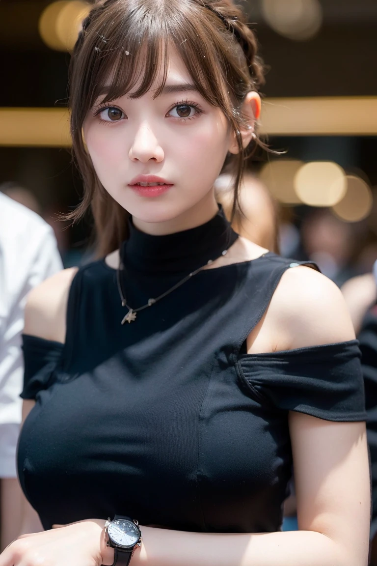 best quality, Ultra High Resolution, (フォトリアリスティック:1.4), 1girl, off-the-shoulder white shirt, black tight dress, black necklace, (faded gray hair:1), (big :1.2), watch the audience, close-up