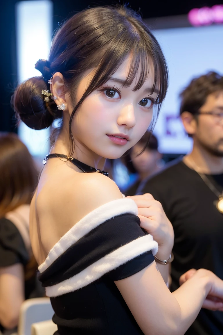 best quality, Ultra High Resolution, (フォトリアリスティック:1.4), 1girl, off-the-shoulder white shirt, black tight dress, black necklace, (faded gray hair:1), (big :1.2), watch the audience, close-up