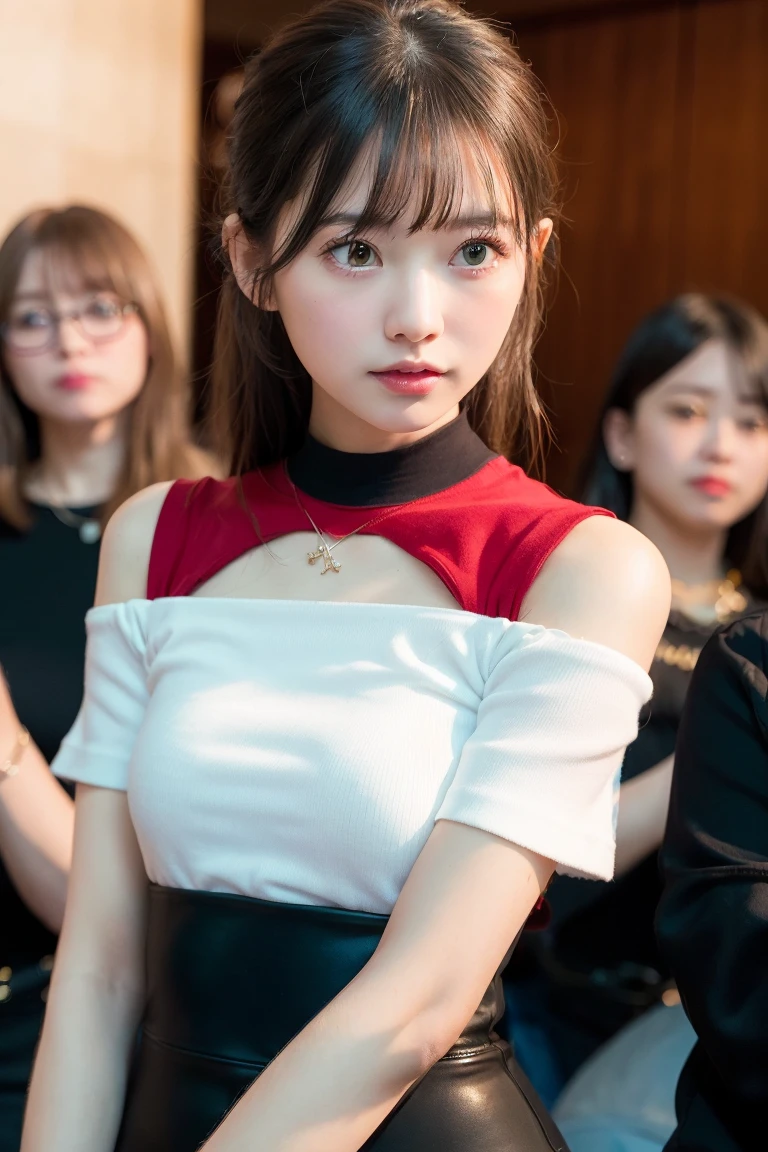 best quality, Ultra High Resolution, (フォトリアリスティック:1.4), 1girl, off-the-shoulder white shirt, black tight dress, black necklace, (faded gray hair:1), (big :1.2), watch the audience, close-up