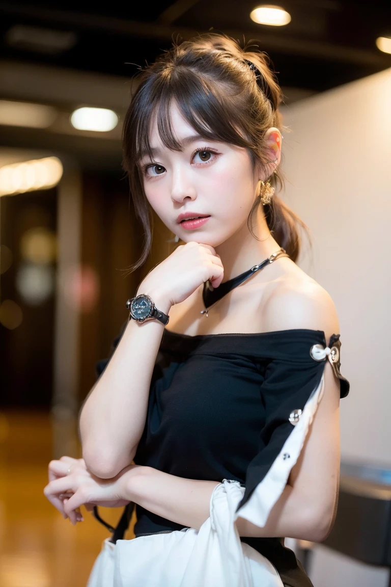 best quality, Ultra High Resolution, (フォトリアリスティック:1.4), 1girl, off-the-shoulder white shirt, black tight dress, black necklace, (faded gray hair:1), (big :1.2), watch the audience, close-up