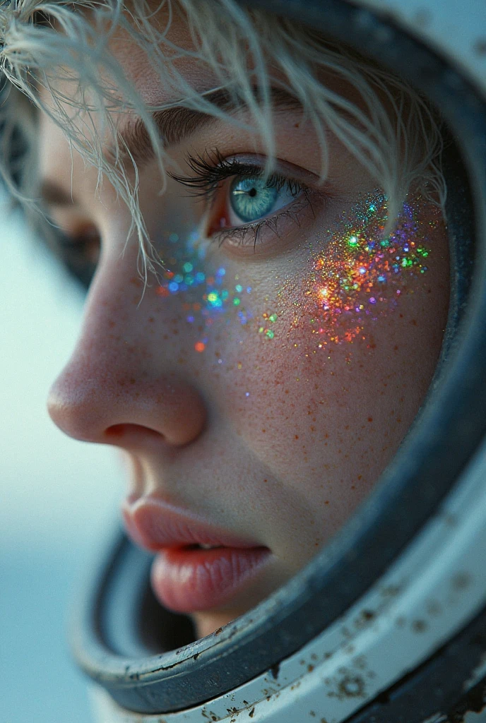 (Close-up of a masterpiece:1.5)0.9]，(Space and astronauts:1.2) (Messy silver hair:1.1) (Heterochromia yellow blue eyes:1.2) (Casque spatial:1.0) (Colorful stars in the eyes:1.0) (Dazzling light:1.1) (Thick lip:0.9)a