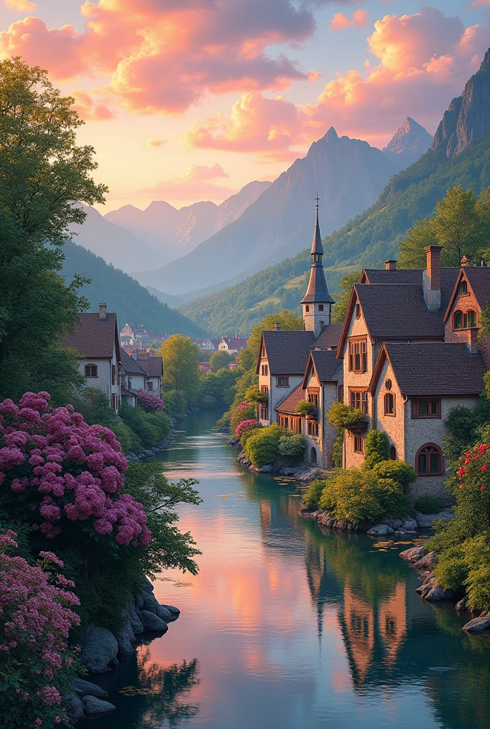 , a small riverside village,The background is mountains,Flowers bloom,vibrant with colors,Detailed scenery,Beautiful natural landscape,Ambiance Lighting,Scorching sunset,a warm color palette,utility,utility摄影,Delicate leaves,Complex architecture , cobblestone streets , charming country cottages , swirling bright colors, dense vegetation ,Still water reflections,picturesque,Leisure and tranquility,artwork of a,Best quality,8k,Extremely detailed,anime style