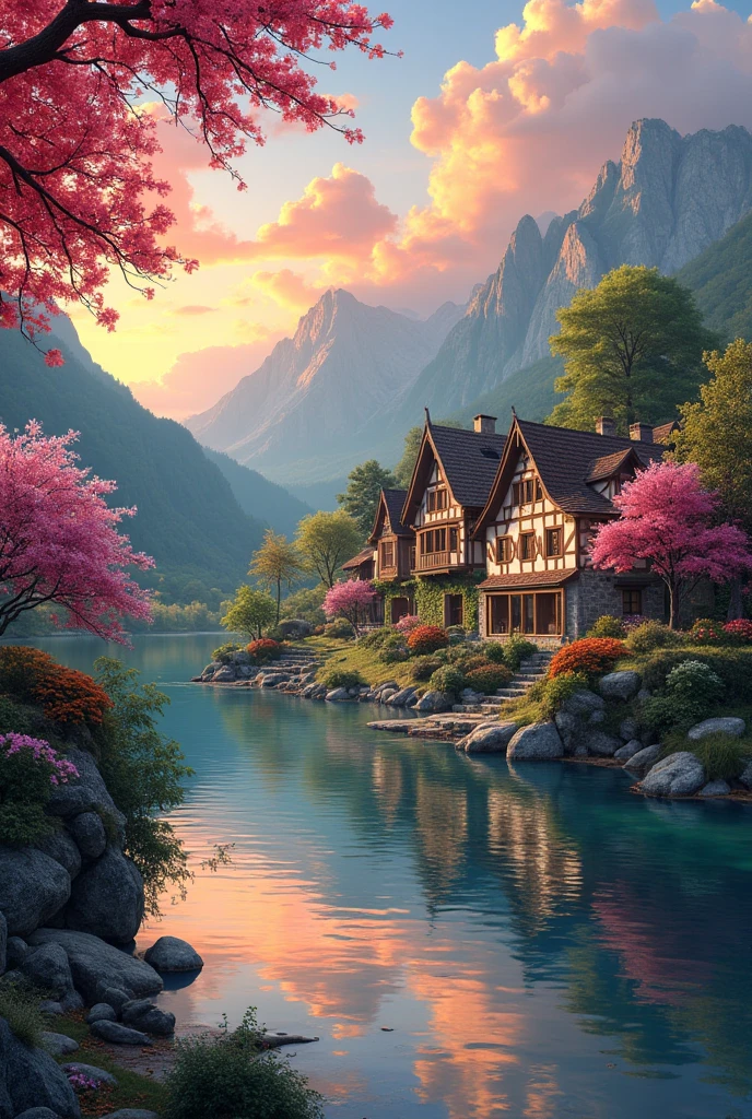, a small riverside village,The background is mountains,Flowers bloom,vibrant with colors,Detailed scenery,Beautiful natural landscape,Ambiance Lighting,Scorching sunset,a warm color palette,utility,utility摄影,Delicate leaves,Complex architecture , cobblestone streets , charming country cottages , swirling bright colors, dense vegetation ,Still water reflections,picturesque,Leisure and tranquility,artwork of a,Best quality,8k,Extremely detailed,anime style
