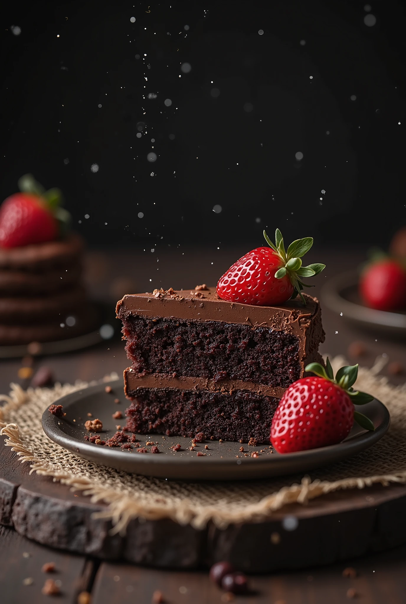 cinematic still-frame chocolate, chocolate cake ,deep dark background,High quality photos,Wet texture,Icing ,studio photo,slice,shallowdepthoffield,Vignette,Very meticulous,High budget,Bokeh, widescreen,gloomily,epic,opulent,cinematic grain,grain sense
