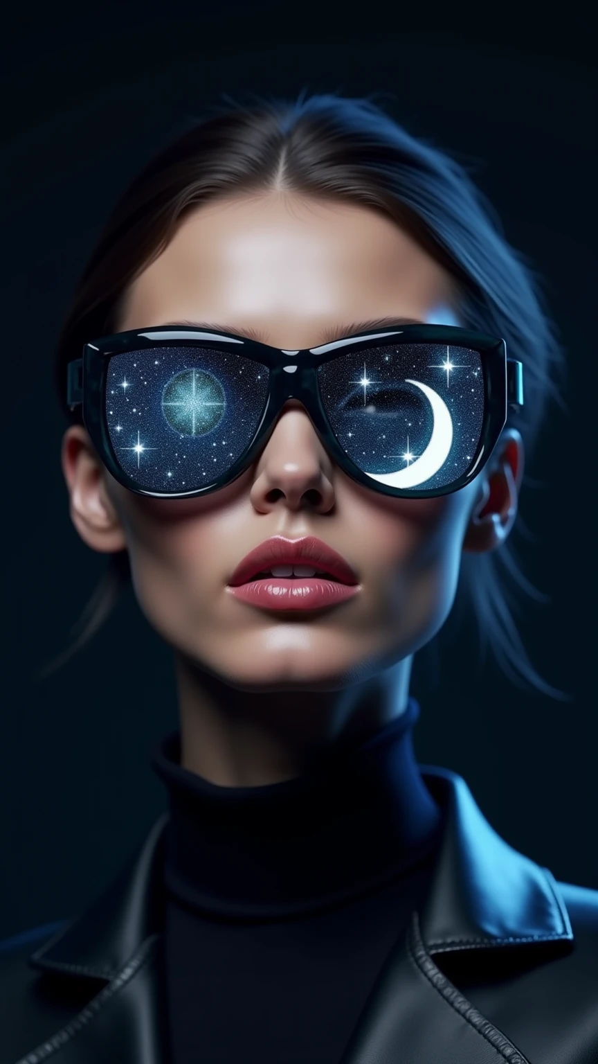 Model wearing glass sunglasses,There are stars and moon on the lens