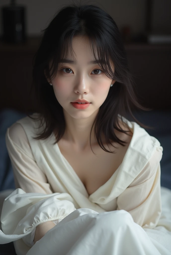 A person dressed in white moves his arm slightly,The surrounding bedding undulates gently with movement,Close-up shot slowly getting close to the subject,Realistic style accompanied by soft natural light。