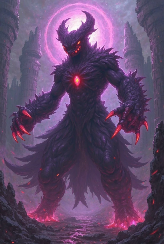 Pokémon Mega Ghost Ultimate Form,Deep purple and almost black smoky body,The red jagged energy ring is like a demon aura,Blood Pupil Crack,Fangs Dropping Venom。freed【Shadow Ball】skills:Double claw condenses giant color energy balls,Internal Flickering Nebula-like Vortex,Energy Overflow Tear Space。Background: Ruined Castle,Purple Crack,to form a ghost's back。Painting Style Blend Official Design+Dark fantasy,Inspired by:《Gothic horror》,by Katsuya Terada,dynamic blur+Particle Light Effect。