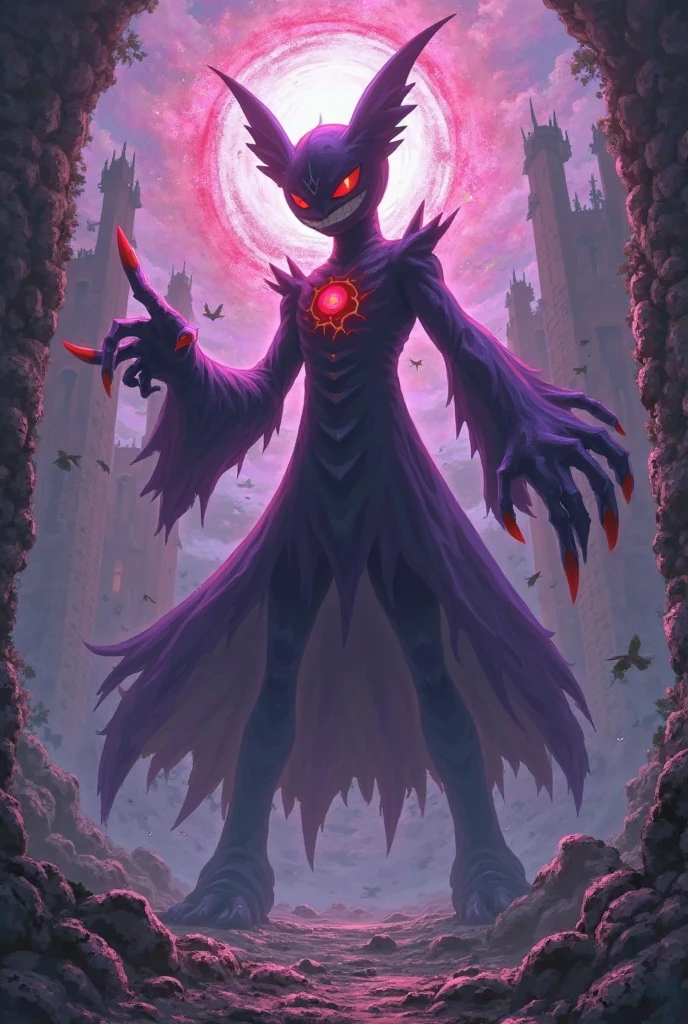 Pokémon Mega Ghost Ultimate Form,Deep purple and almost black smoky body,The red jagged energy ring is like a demon aura,Blood Pupil Crack,Fangs Dropping Venom。freed【Shadow Ball】skills:Double claw condenses giant color energy balls,Internal Flickering Nebula-like Vortex,Energy Overflow Tear Space。Background: Ruined Castle,Purple Crack,to form a ghost's back。Painting Style Blend Official Design+Dark fantasy,Inspired by:《Gothic horror》,by Katsuya Terada,dynamic blur+Particle Light Effect。