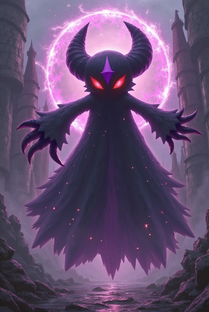 Pokémon Mega Ghost Ultimate Form,Deep purple and almost black smoky body,The red jagged energy ring is like a demon aura,Blood Pupil Crack,Fangs Dropping Venom。freed【Shadow Ball】skills:Double claw condenses giant color energy balls,Internal Flickering Nebula-like Vortex,Energy Overflow Tear Space。Background: Ruined Castle,Purple Crack,to form a ghost's back。Painting Style Blend Official Design+Dark fantasy,Inspired by:《Gothic horror》,by Katsuya Terada,dynamic blur+Particle Light Effect。