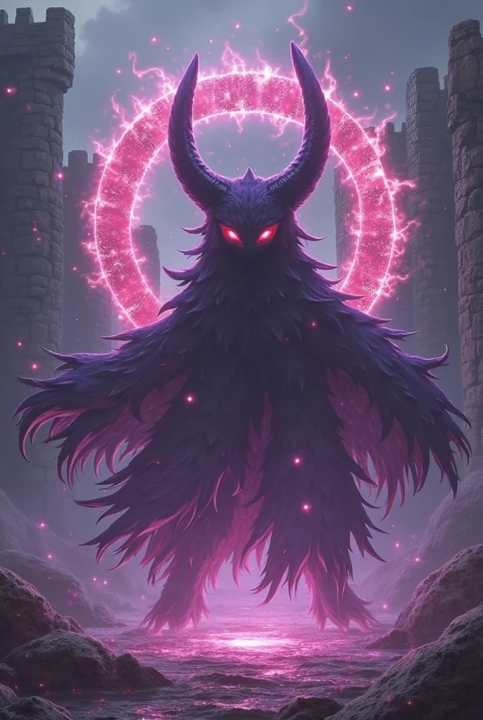 Pokémon Mega Ghost Ultimate Form,Deep purple and almost black smoky body,The red jagged energy ring is like a demon aura,Blood Pupil Crack,Fangs Dropping Venom。freed【Shadow Ball】skills:Double claw condenses giant color energy balls,Internal Flickering Nebula-like Vortex,Energy Overflow Tear Space。Background: Ruined Castle,Purple Crack,to form a ghost's back。Painting Style Blend Official Design+Dark fantasy,Inspired by:《Gothic horror》,by Katsuya Terada,dynamic blur+Particle Light Effect。