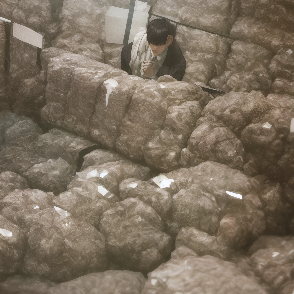 has a handsome boy,The face is very detailed, white business suit, with short black hair, Super detailed character, In warehouses, which is piled up with Flesh, Flesh, fresh Flesh, Highly realistic, 4K, Light and dark contrast method , hyper-high detail