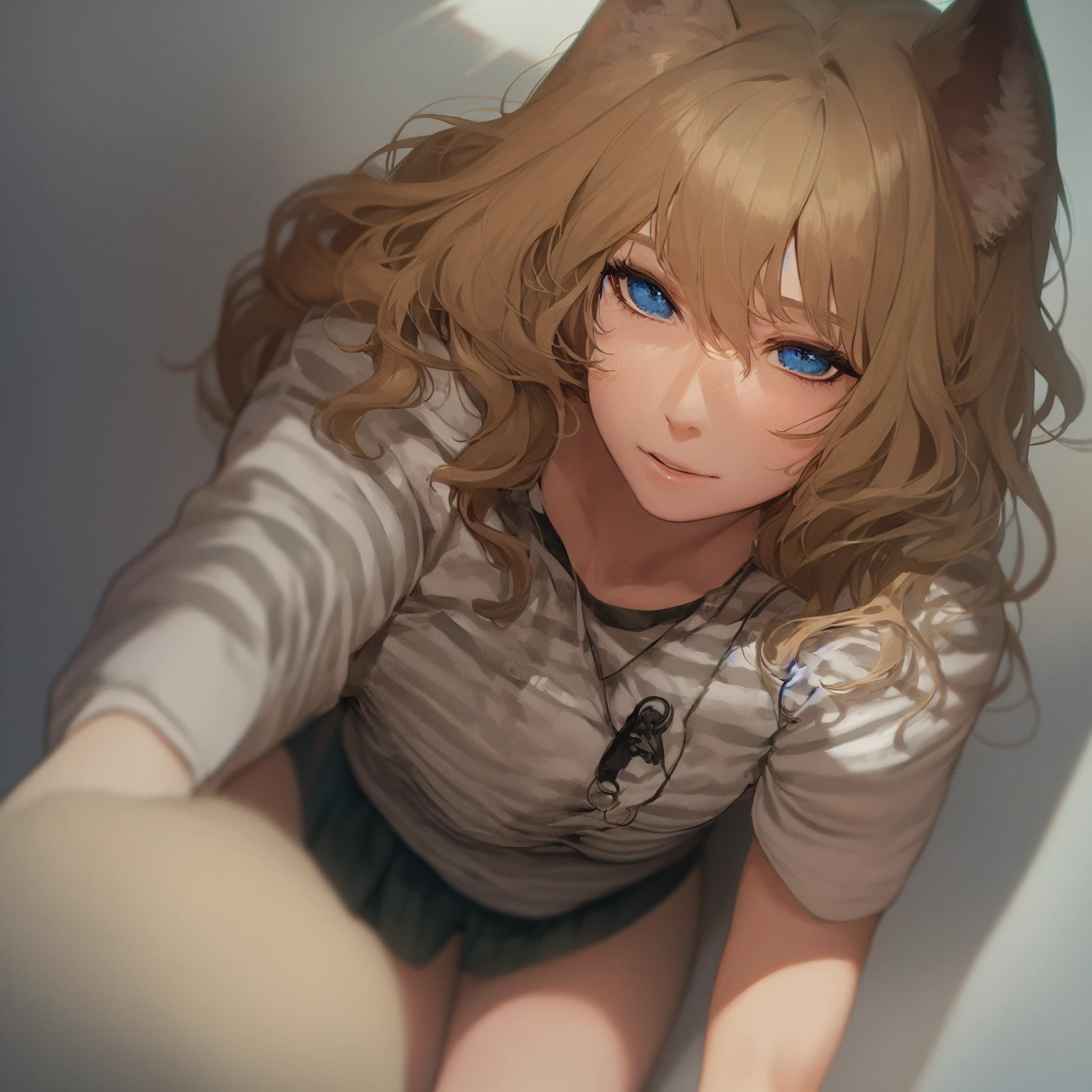 masterpiece, best quality, wolf women, Elegant, 1girl, Wolf ears, Wolf tail, lovely, face flushed, watch the audience, from the above, Blonde wavy hair, mini-skirts, white and black striped t-shirt, Blue Eyes, pretty eyes, Beautiful background, light particules, suns rays, Dramatic lighting, external, Shiny, realistic, masterpiece, best quality, ultra-detailed, detailed, scenecy, beautiful detailed eyes, detailed hair