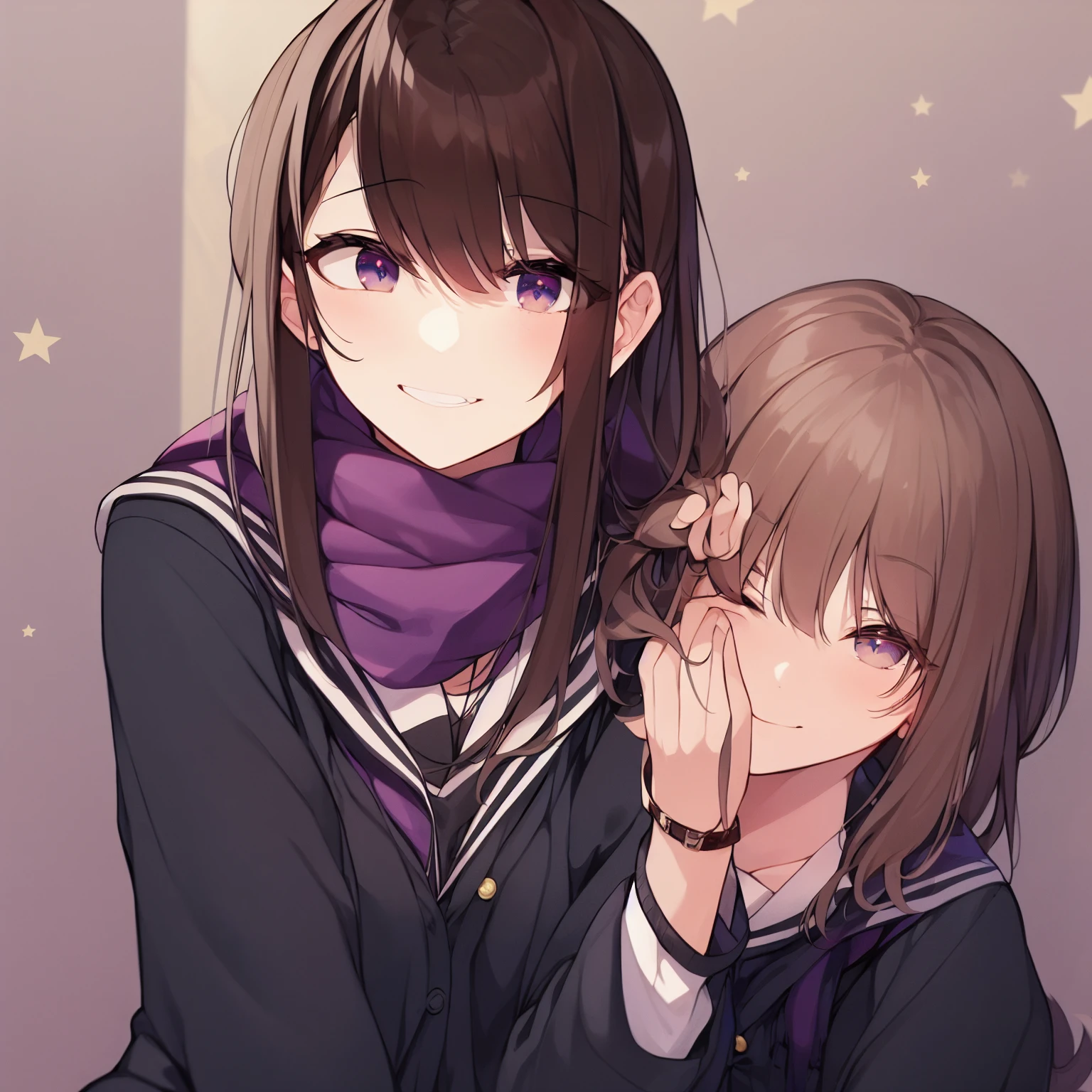 style, 1girl, alone, brown hair , inner strength, hair adornments, school uniform, side pony tail, Smile , watch the audience, 围巾, upper body, inner strength hair adornments, cardigan shirt, Sailor collar, Six-winged angel, black Sailor collar, By bangs, The eyes, Keep one's mouth shut , long hair, 棕色The eyes, purple scarf, There are striped ones background, 鎖骨 , There are striped ones, polka dots, As estrelas (symbol)