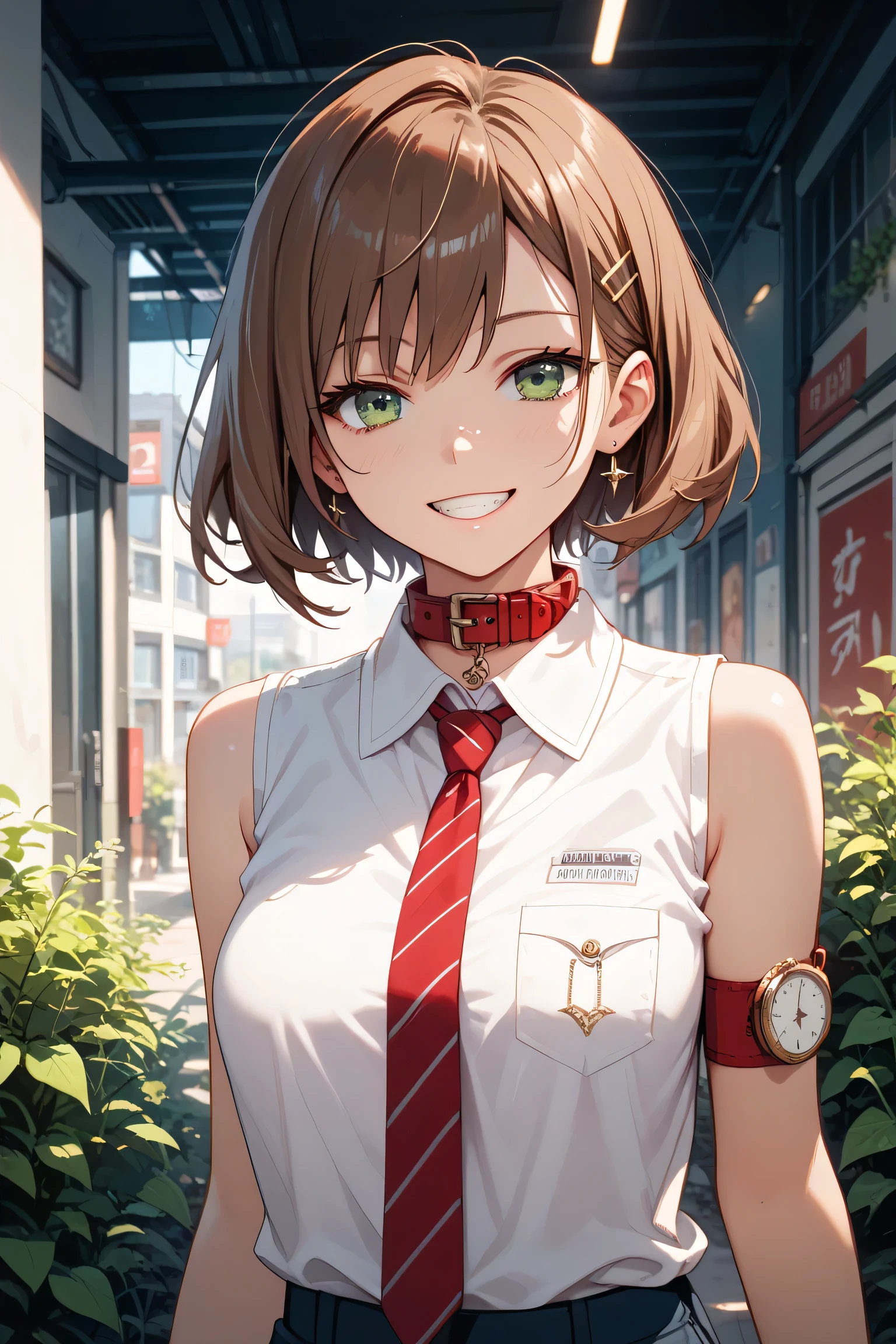 masterpiece, Highest Quality , best quality, 1girl, alone, to watch viewers, , tezuka rin , ( Armless Amputee :1.2), brown hair , collars, collarsed The shirt, ( double amputee :1.2), green eyes, Katawa Shoujo, Red Tie, The shirt, 1 girl with short hair , alone, white The shirt, lozhkin , to grin, Neat teeth with gaps