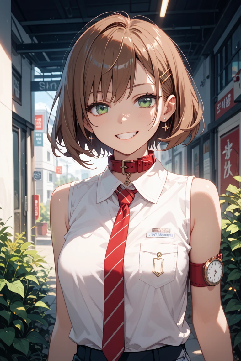 masterpiece,   Highest Quality  , best quality, 1girl, alone, to watch viewers, ,   tezuka rin  , (  Armless Amputee  :1.2),   brown hair  , collars, collarsed The shirt, (  double amputee  :1.2), green eyes, Katawa Shoujo, Red Tie, The shirt,  1 girl with short hair , alone, white The shirt,     lozhkin  , to grin,  Neat teeth with gaps 