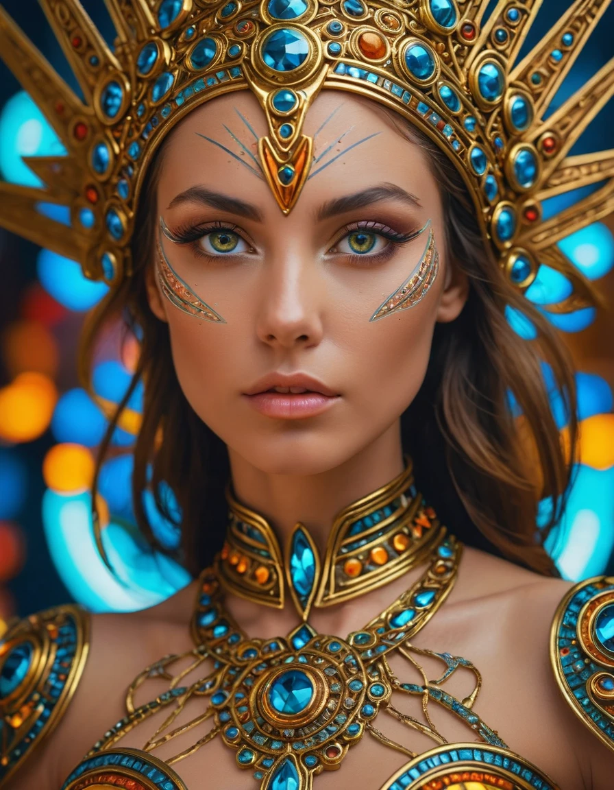RAW photogr, half-body close-up of the goddess of speed and precision, astonishing eyes of the soul, wearing elegant costumes with luminous details, Curved and , Colorful, Very Detailed skin with visible pores, She holds secrets about the nature of reality, Specular highlights, future-tech, Cosmic pattern, Minimalist composition, Insanely intricate details, award winning art, ray tracing, Sharp focus, 8 thousand, HDR, masterpiece, photography of, DSLR, Kodachrome, 35 mm photo, og film, professinal, Very Detailed